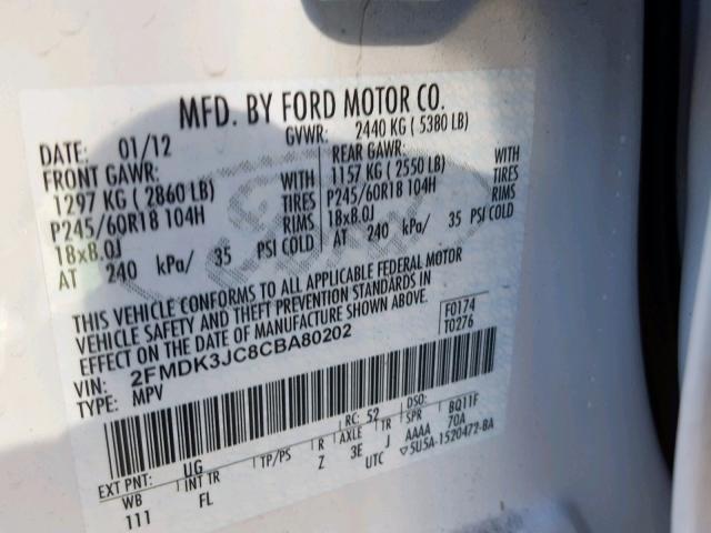 2FMDK3JC8CBA80202 - 2012 FORD EDGE SEL WHITE photo 10