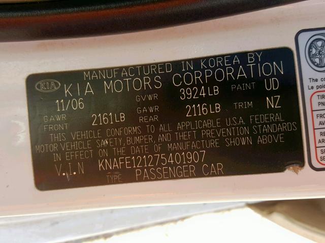 KNAFE121275401907 - 2007 KIA SPECTRA EX WHITE photo 10