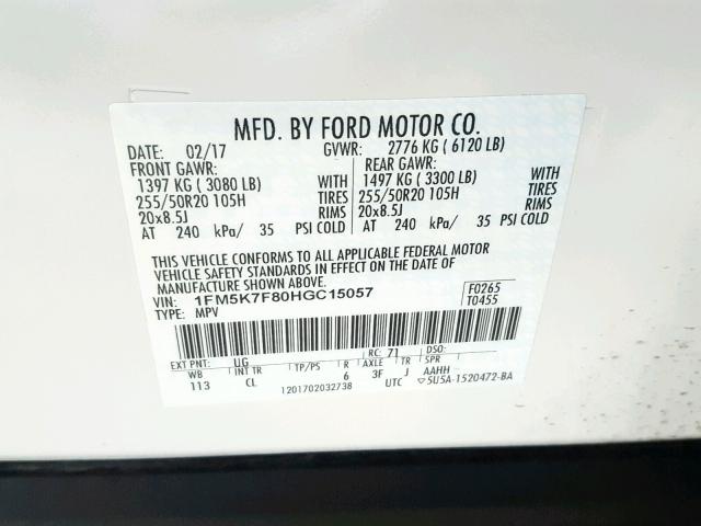 1FM5K7F80HGC15057 - 2017 FORD EXPLORER L WHITE photo 10