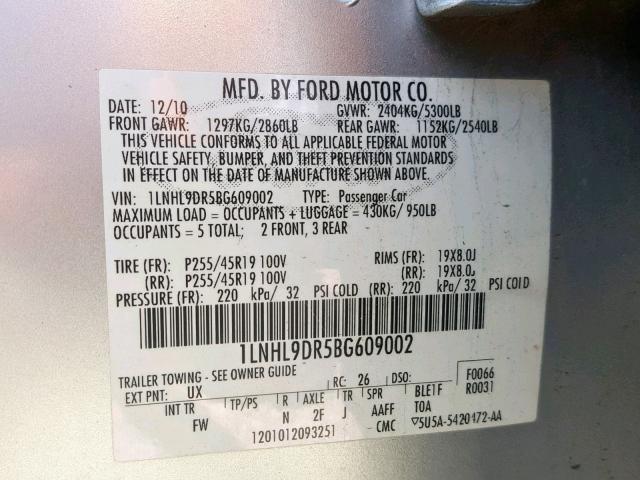 1LNHL9DR5BG609002 - 2011 LINCOLN MKS SILVER photo 10