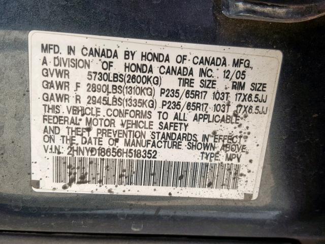 2HNYD18656H518352 - 2006 ACURA MDX TOURIN GRAY photo 10