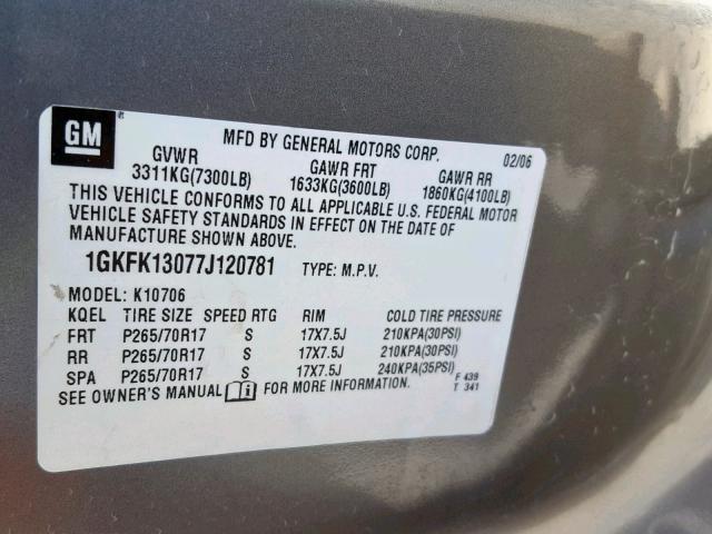 1GKFK13077J120781 - 2007 GMC YUKON SILVER photo 10