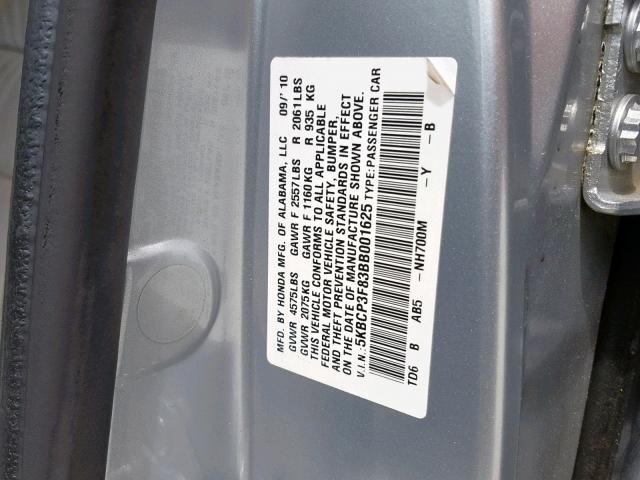 5KBCP3F83BB001625 - 2011 HONDA ACCORD EXL SILVER photo 10