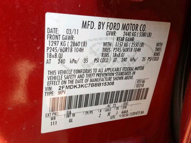 2FMDK3KC7BBB15308 - 2011 FORD EDGE LIMIT RED photo 10