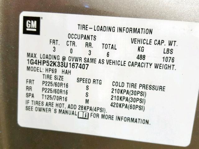 1G4HP52K33U167407 - 2003 BUICK LESABRE CU TAN photo 10