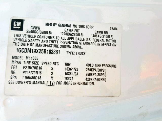 1GCDM19X25B103881 - 2005 CHEVROLET ASTRO WHITE photo 10