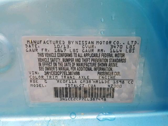 3N1CE2CP7EL387498 - 2014 NISSAN VERSA NOTE BLUE photo 10