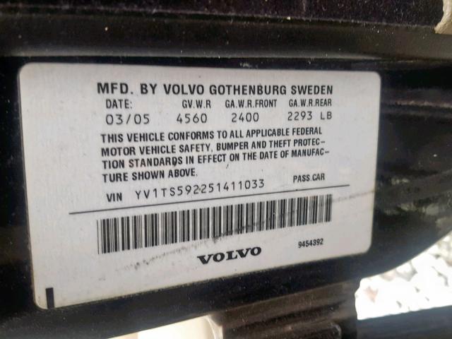 YV1TS592251411033 - 2005 VOLVO S80 2.5T BLACK photo 10