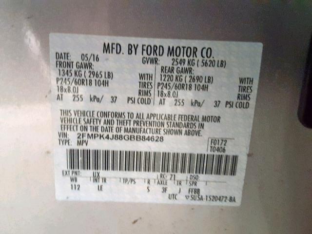 2FMPK4J88GBB84628 - 2016 FORD EDGE SEL SILVER photo 10