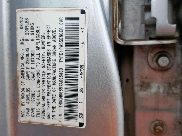 1HGCM66557A095460 - 2007 HONDA ACCORD EX SILVER photo 10