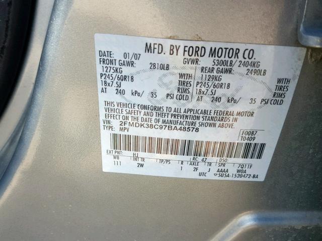 2FMDK38C97BA48578 - 2007 FORD EDGE SEL SILVER photo 10