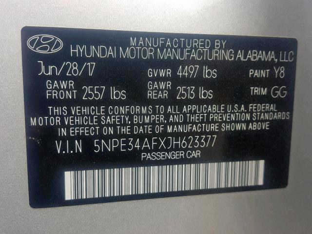 5NPE34AFXJH623377 - 2018 HYUNDAI SONATA SPO SILVER photo 10