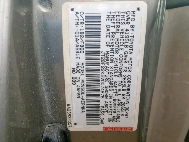 JT2BF22K2V0074876 - 1997 TOYOTA CAMRY LE GOLD photo 10