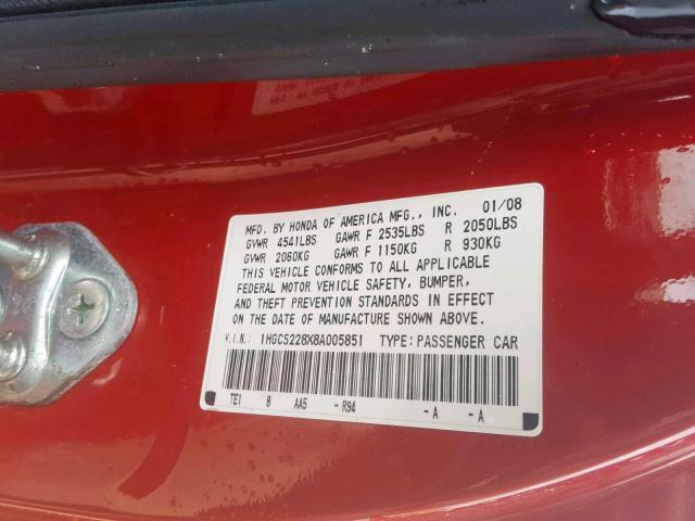 1HGCS228X8A005851 - 2008 HONDA ACCORD EXL RED photo 10