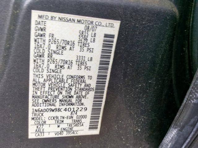 1N6AD09W98C401229 - 2008 NISSAN FRONTIER C GRAY photo 10