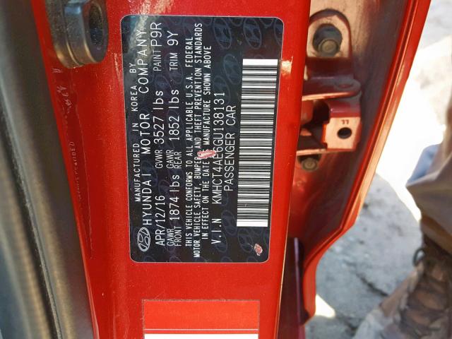 KMHCT4AE6GU138131 - 2016 HYUNDAI ACCENT SE RED photo 10