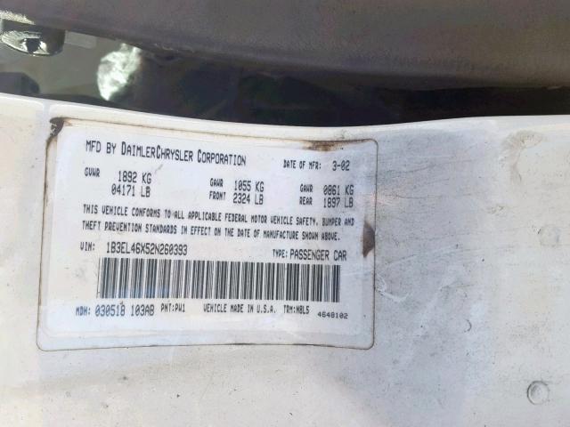 1B3EL46X52N260393 - 2002 DODGE STRATUS SE WHITE photo 10