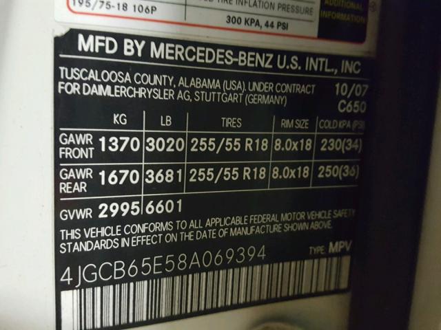 4JGCB65E58A069394 - 2008 MERCEDES-BENZ R 350 WHITE photo 10