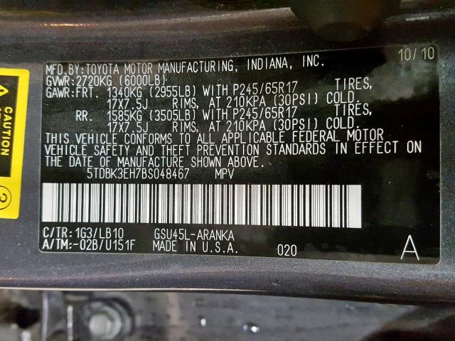 5TDBK3EH7BS048467 - 2011 TOYOTA HIGHLANDER GRAY photo 10