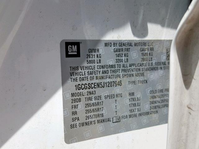 1GCGSCEN5J1207946 - 2018 CHEVROLET COLORADO L WHITE photo 10