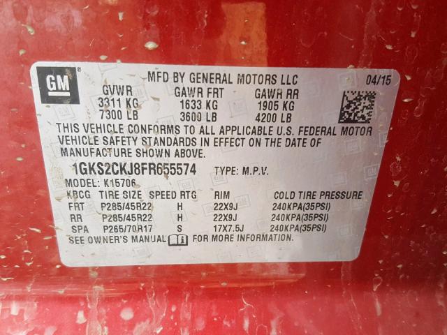 1GKS2CKJ8FR655574 - 2015 GMC YUKON DENA RED photo 10