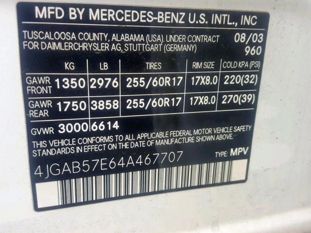 4JGAB57E64A467707 - 2004 MERCEDES-BENZ ML 350 WHITE photo 10