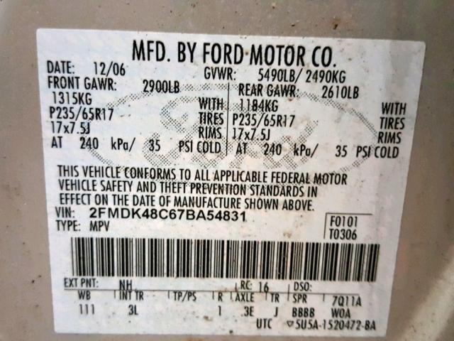 2FMDK48C67BA54831 - 2007 FORD EDGE SEL TAN photo 10