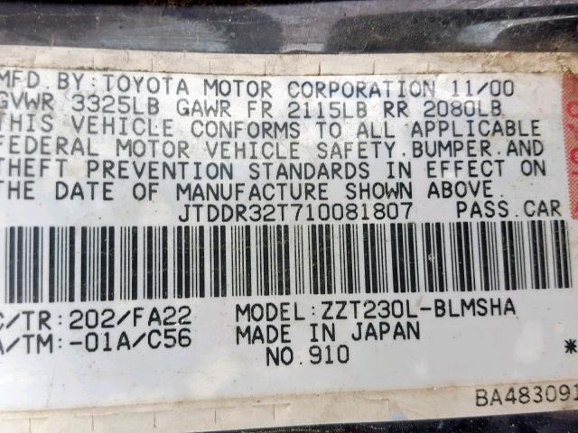 JTDDR32T710081807 - 2001 TOYOTA CELICA GT BLACK photo 10