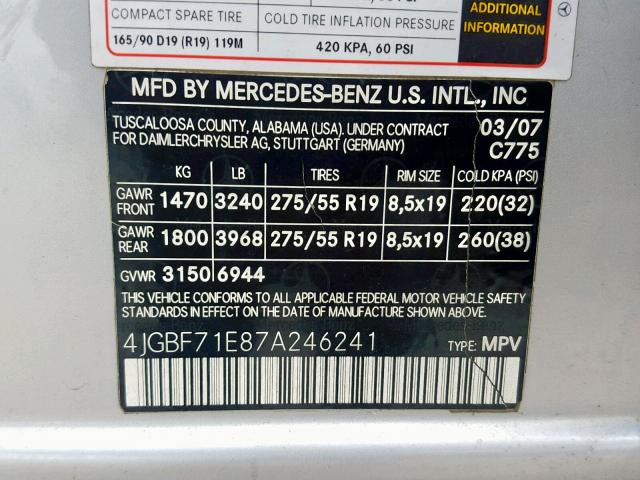 4JGBF71E87A246241 - 2007 MERCEDES-BENZ GL 450 4MA SILVER photo 10