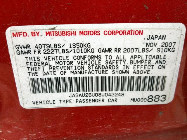 JA3AU26U08U042248 - 2008 MITSUBISHI LANCER ES RED photo 10