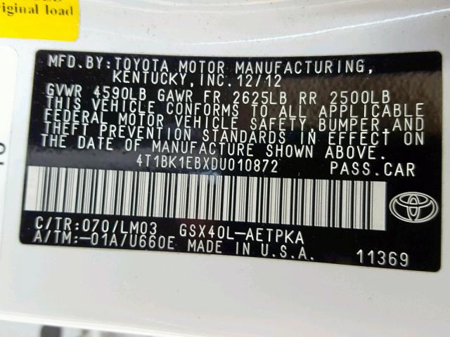 4T1BK1EBXDU010872 - 2013 TOYOTA AVALON BAS WHITE photo 10