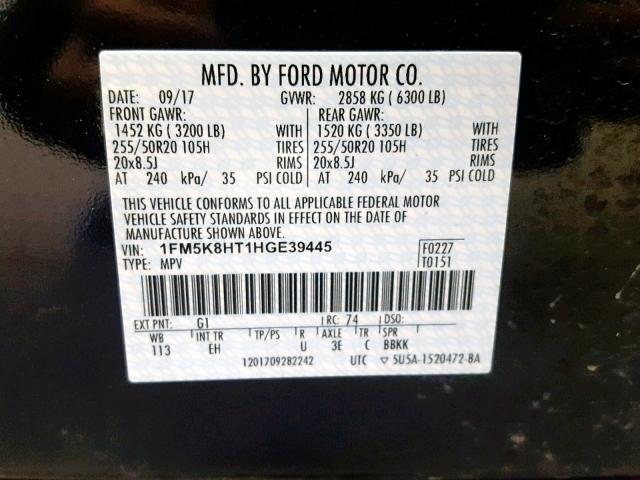 1FM5K8HT1HGE39445 - 2017 FORD EXPLORER P BLACK photo 10