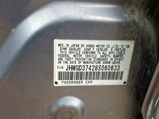 JHMGD37428S060633 - 2008 HONDA FIT GRAY photo 10