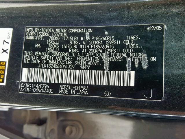 JTLKT324X64061329 - 2006 TOYOTA SCION XB 黑色 照片 10