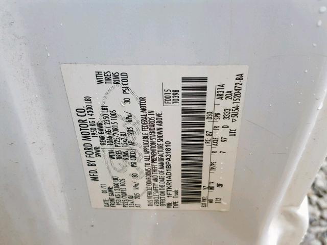 1FTKR1AD1BPA31810 - 2011 FORD RANGER WHITE photo 10