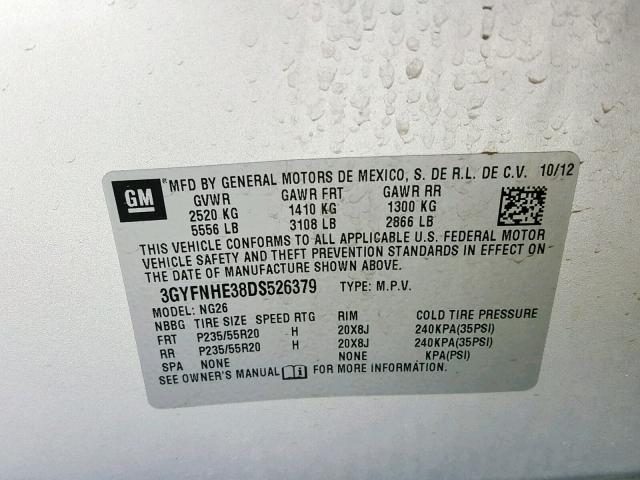 3GYFNHE38DS526379 - 2013 CADILLAC SRX PERFOR SILVER photo 10