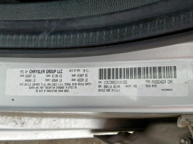 1C3CCBBB2CN101356 - 2012 CHRYSLER 200 TOURIN GRAY photo 10