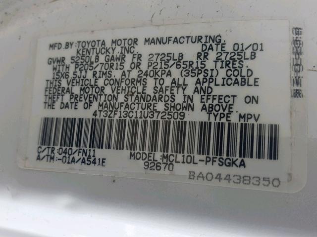 4T3ZF13C11U372509 - 2001 TOYOTA SIENNA LE WHITE photo 10