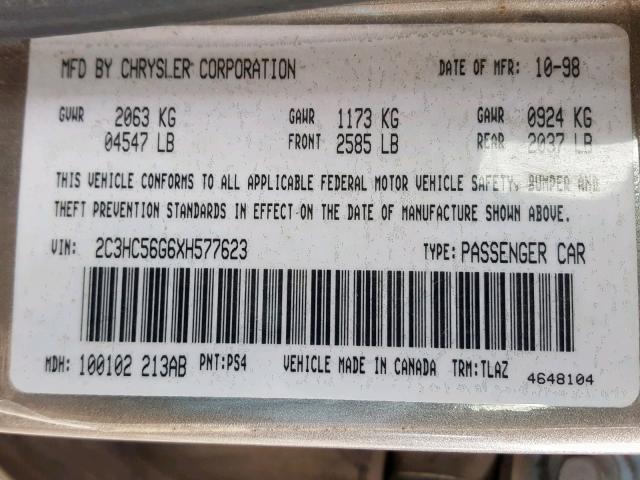 2C3HC56G6XH577623 - 1999 CHRYSLER LHS GRAY photo 10