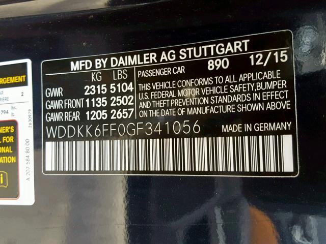 WDDKK6FF0GF341056 - 2016 MERCEDES-BENZ E 400 BLUE photo 10