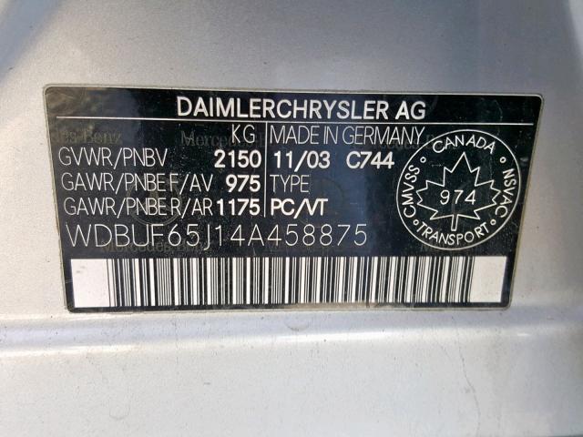 WDBUF65J14A458875 - 2004 MERCEDES-BENZ E 320 SILVER photo 10