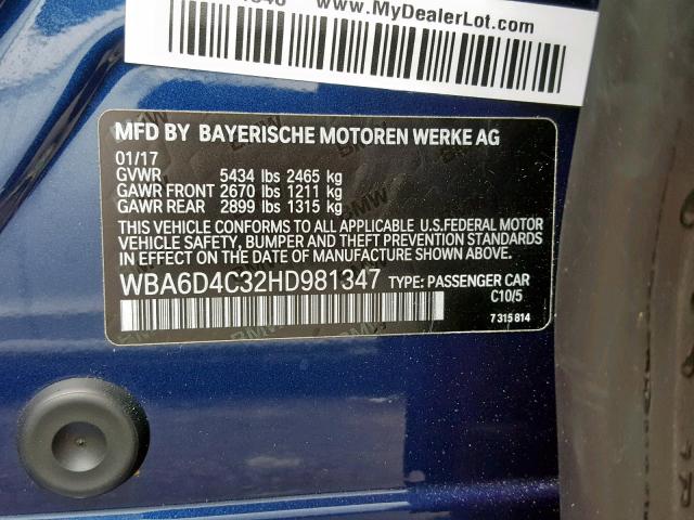 WBA6D4C32HD981347 - 2017 BMW 650 I BLUE photo 10