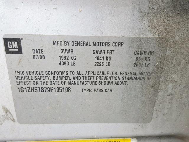 1G1ZH57B79F105108 - 2009 CHEVROLET MALIBU 1LT SILVER photo 10