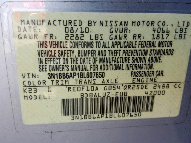 3N1BB6AP1BL607650 - 2011 NISSAN SENTRA SE- SILVER photo 10