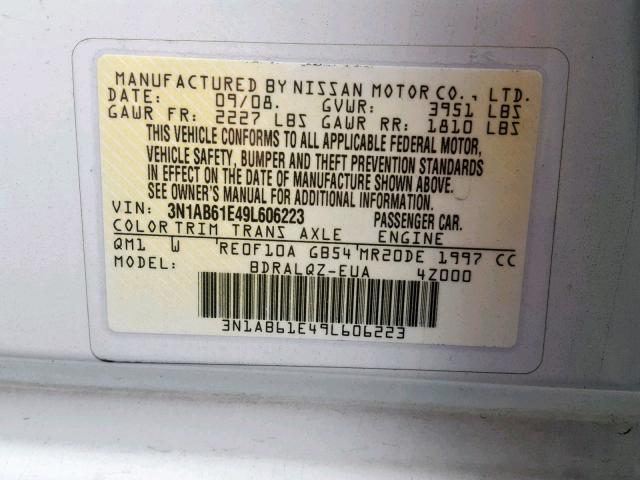 3N1AB61E49L606223 - 2009 NISSAN SENTRA 2.0 WHITE photo 10