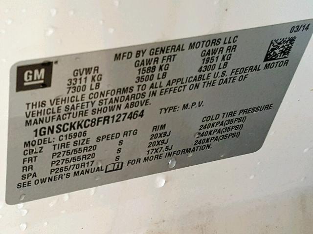 1GNSCKKC8FR127464 - 2015 CHEVROLET SUBURBAN C WHITE photo 10