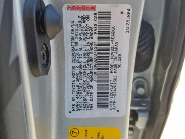 JTHBF30G620071937 - 2002 LEXUS ES 300 SILVER photo 10