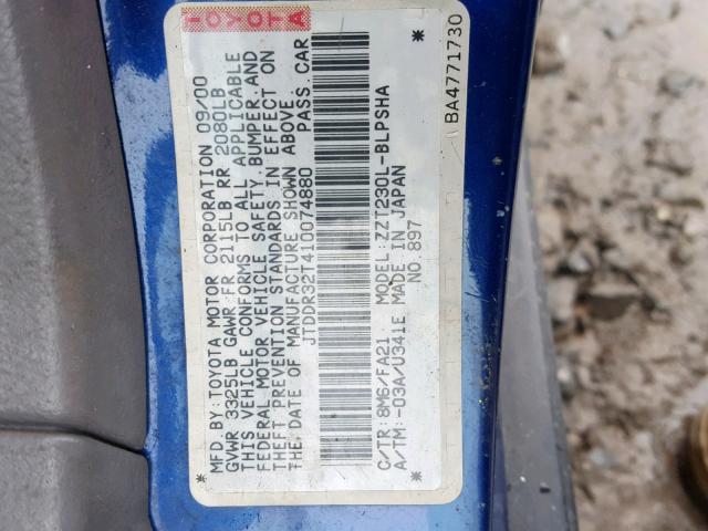 JTDDR32T410074880 - 2001 TOYOTA CELICA GT BLUE photo 10