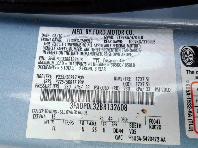 3FADP0L32BR132608 - 2011 FORD FUSION HYB BLUE photo 10