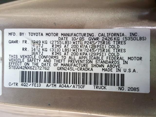 5TEUU42NX6Z172762 - 2006 TOYOTA TACOMA ACCESS CAB  ფოტო 10